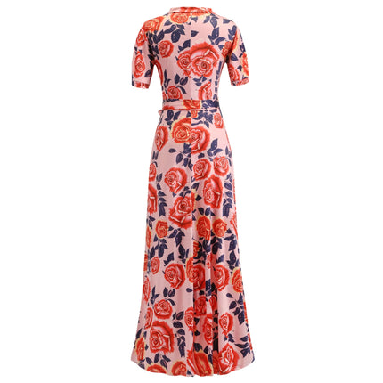Elegant Floral Colorblock Maxi Dress Short Sleeves Flowing Hem Summer
