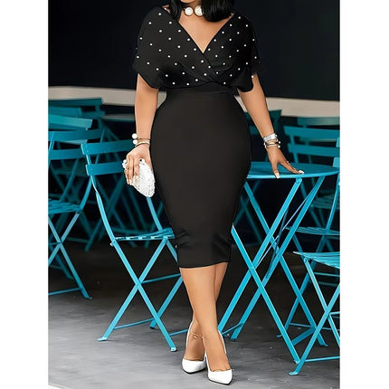 Elegant Solid Color V Neck Half Sleeve Dress with Back Zipper & Bead Detail