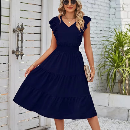 Summer V Neck Ruffled Waist Solid Color Elegant Women’s Dress