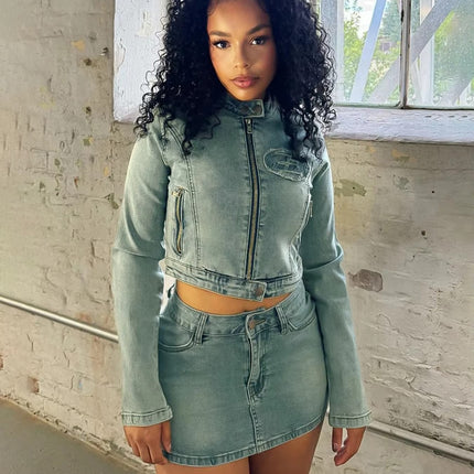 Women’s Embroidered Denim Midi Skirt & Long Sleeve Top Two-Piece Set