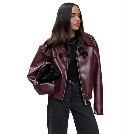 Vintage PU Leather Zipper Jacket for Women Retro Long Sleeve Coat