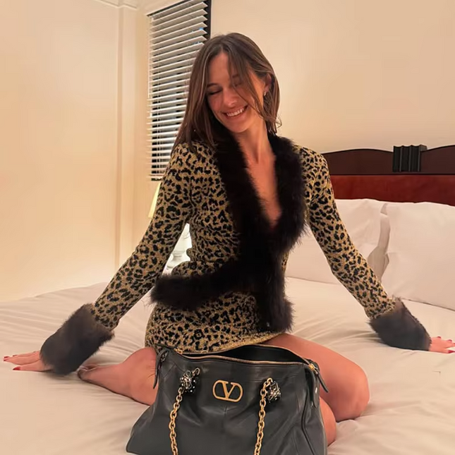 Autumn Women Fur Collar V-Neck Bodycon Top and Skirt Set