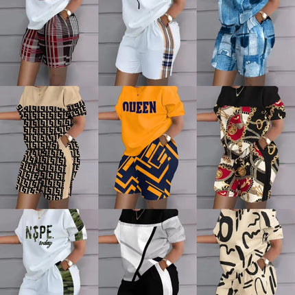 Women Summer Two Piece Short Set Letter Print Crop Top and Shorts Outfit