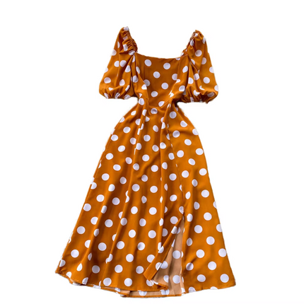 French Square Neck Summer Dress with Puff Sleeves and Slim Fit Slit