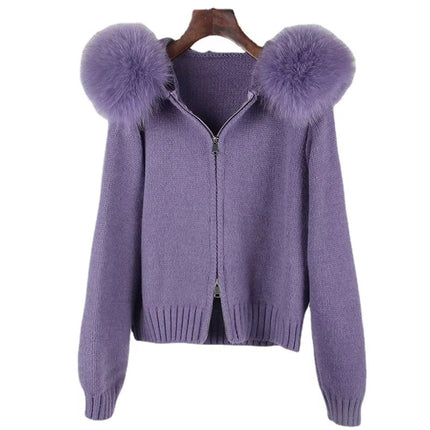 Women’s Hooded Fox Fur Knit Jacket Autumn Winter Casual Short Coat
