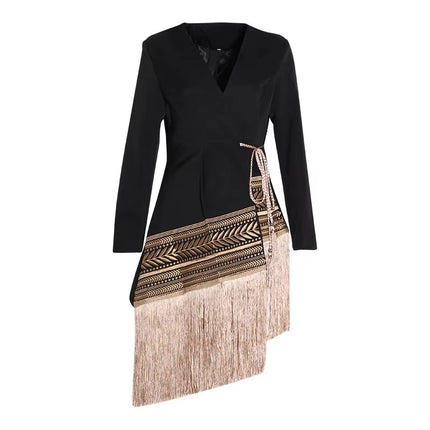 Embroidered Asymmetrical Tassel Blazer Coat for Women Long Sleeve