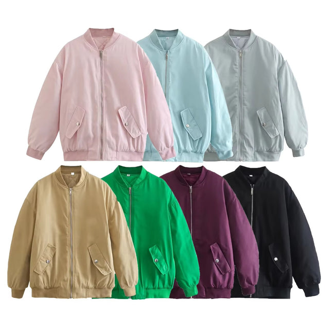 Vintage Oversized Bomber Jacket for Women with Front Zipper Long Sleeves