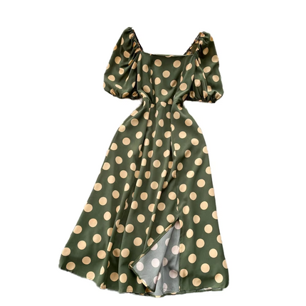 French Square Neck Summer Dress with Puff Sleeves and Slim Fit Slit