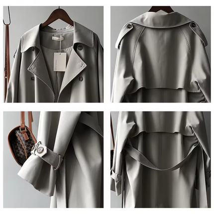 Khaki Long Trench Coat for Women Oversized Belted Double Breasted