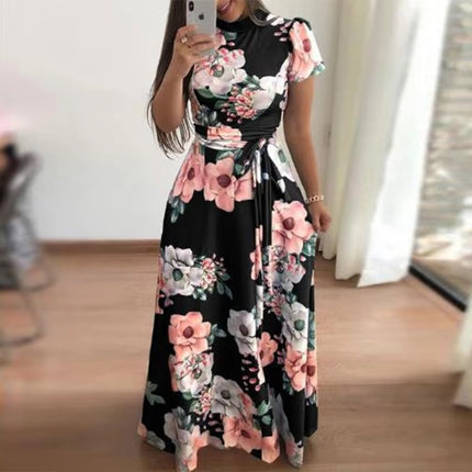 Autumn Winter Printed Long Dress for Women with Waist Tie Casual Fit