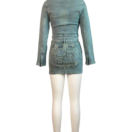 Women’s Embroidered Denim Midi Skirt & Long Sleeve Top Two-Piece Set