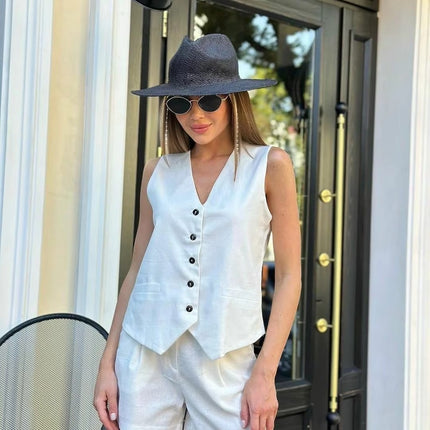 Women’s Sleeveless V-Neck Vest & Shorts Two-Piece Summer Set