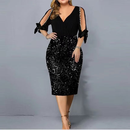 V-Neck Sequin Midi Dress for Women Plus Size Elegant Natural Waist