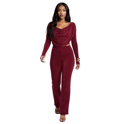 Women’s Casual Wide Leg Pants Set High Waist Breathable Swing Collar