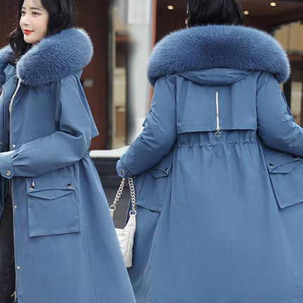 Women Winter Padded Quilted Coat with Fur Collar Hooded Mid Long Jacket