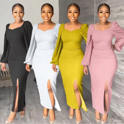 Elegant Solid Color Long Sleeve Backless Slit Maxi Dress for Women