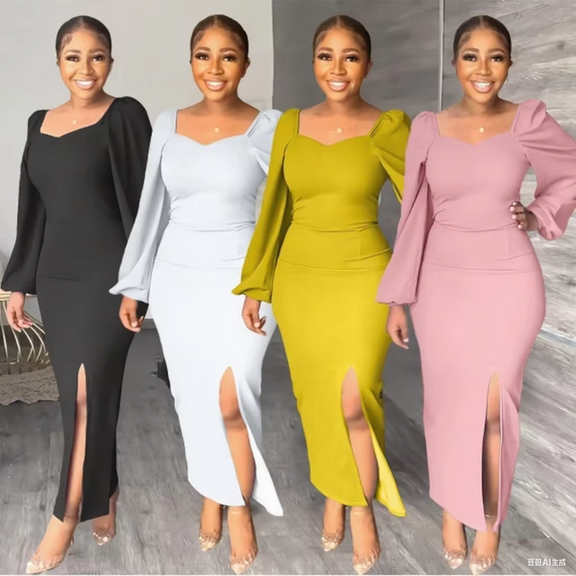 Elegant Solid Color Long Sleeve Backless Slit Maxi Dress for Women