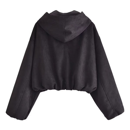 Women’s Hooded Zip Jacket Spring Autumn Solid Color Short Coat