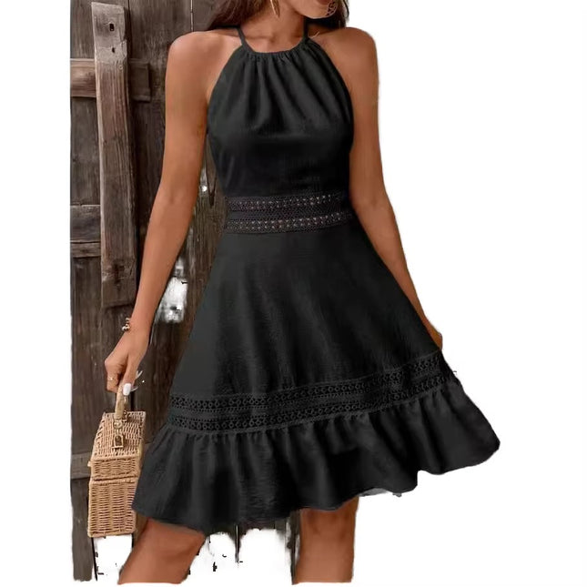 Backless Lace Knit Mini Skirt with Halter Tie and Natural Waist Fit