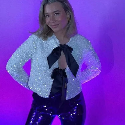 Women’s Sequined Cropped Jacket Y2K Shiny Tie-Front Party Coat Long Sleeve