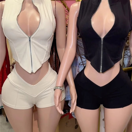 Women’s Summer Sleeveless V-Neck Zipper Top & High Waist Shorts Set 2025