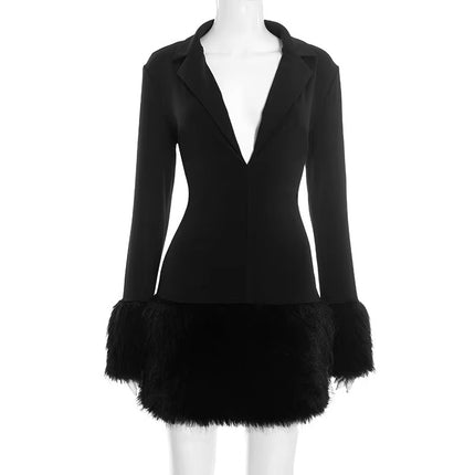 Women's Autumn Black V-Neck Fur Hem Embroidered Sleeve Suit Skirt Trendy Set