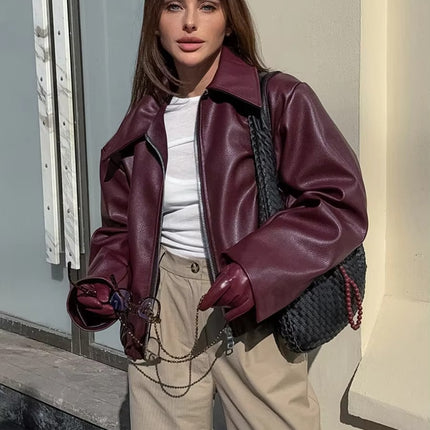 Vintage PU Leather Zipper Jacket for Women Retro Long Sleeve Coat