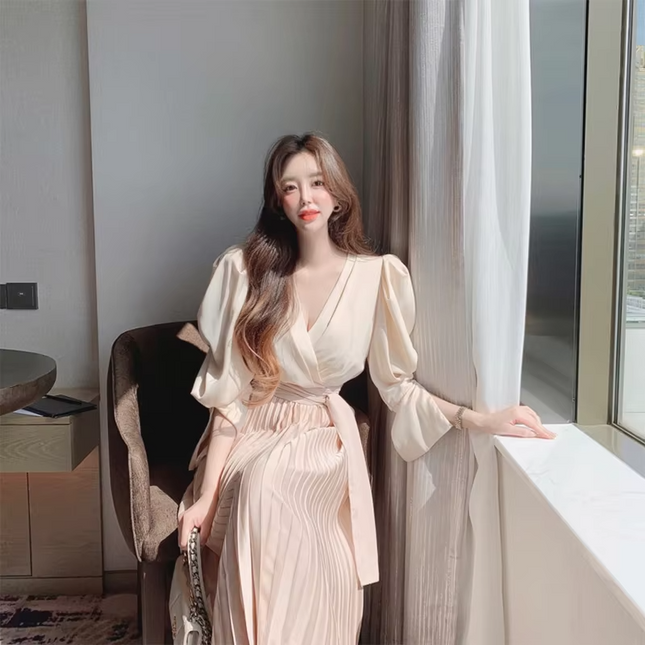 Elegant V-Neck Pleated Two-Piece Long Dress for Women, Korean Style