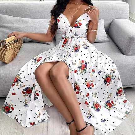 Summer Floral V Neck Sling Dress with Bow Waist Casual Elegant