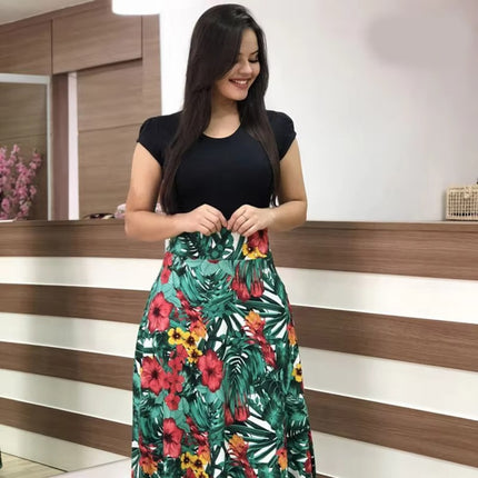 Summer Floral Colorblock Maxi Dress for Women with Short Sleeves