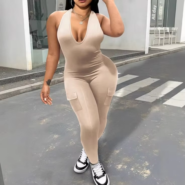 Women’s Halter V Neck Backless Knit Jumpsuit Slim Fit Summer Wear