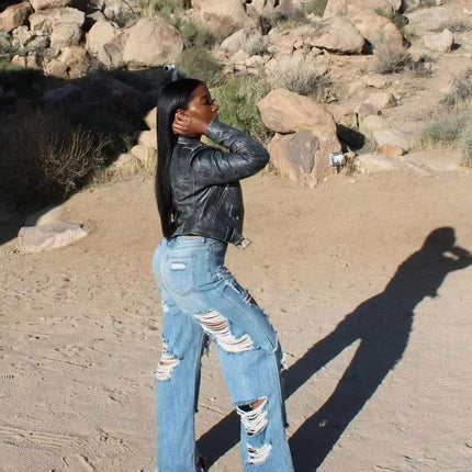 Women’s Ripped Cargo Jeans Loose Wide Leg Streetwear Pants