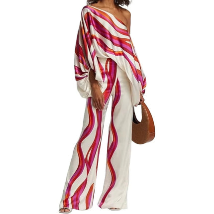 Elegant Women’s Printed One-Piece Collar Suit Long Sleeve Casual Set