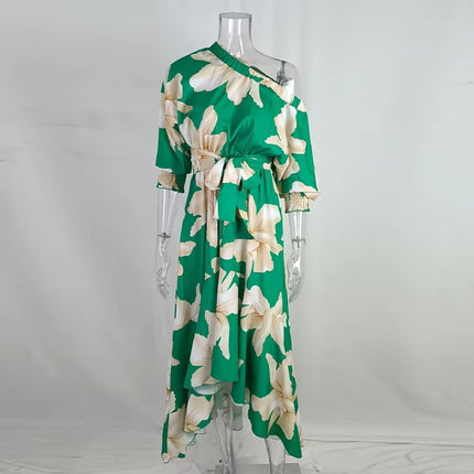 Elegant Off Shoulder Floral Dress with Elastic Waist and Short Sleeves