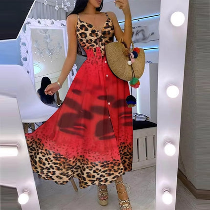 Summer Floral V Neck Sling Dress with Bow Waist Casual Elegant