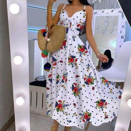 Summer Floral V Neck Sling Dress with Bow Waist Casual Elegant