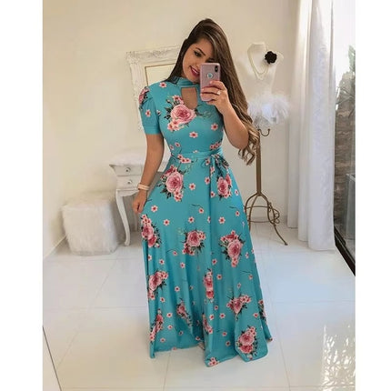 Elegant Floral Colorblock Maxi Dress Short Sleeves Flowing Hem Summer