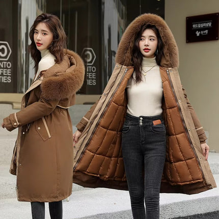 Women Winter Padded Quilted Coat with Fur Collar Hooded Mid Long Jacket