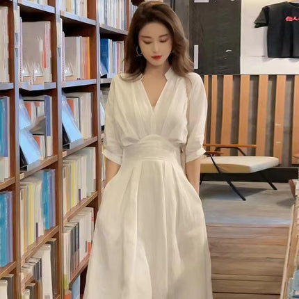Elegant White A-Line V-Neck Maxi Dress for Women Summer Style