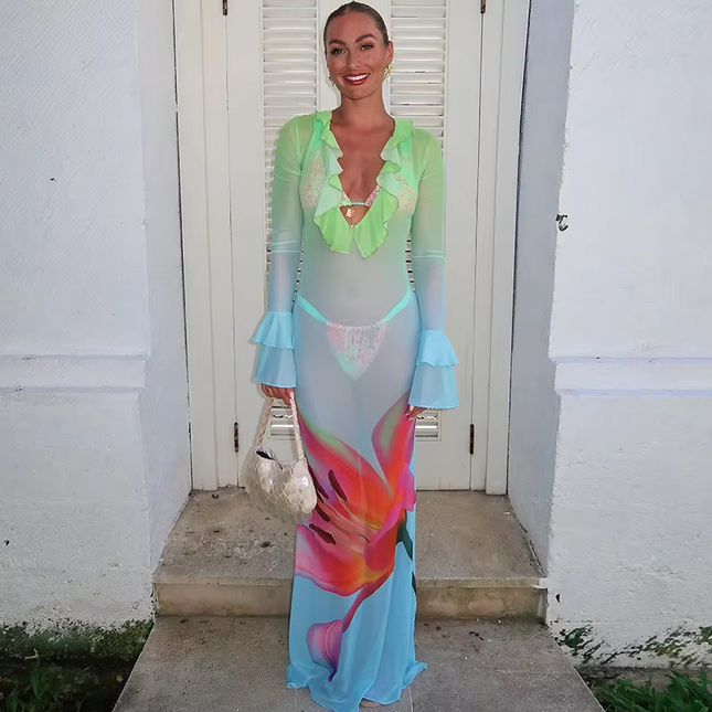 Women’s Floral Gradient Lace Chiffon V-Neck A-Line Party Jumpsuit