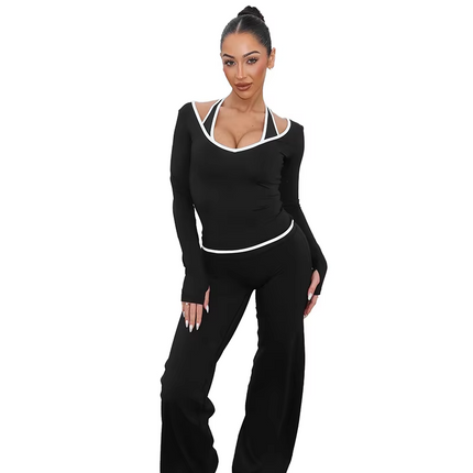 Women’s Autumn Three Piece Set Color Block Long Sleeve Slim Fit Outfit