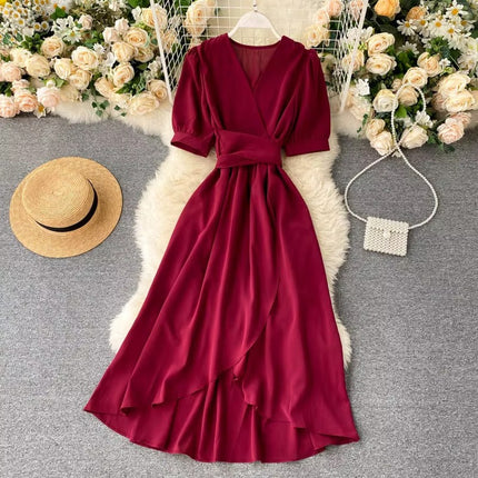 Summer Solid Color V Neck High Waist Puff Sleeve Ruffle Dress