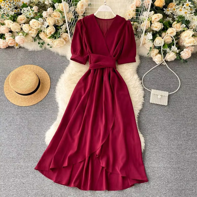 Summer Solid Color V Neck High Waist Puff Sleeve Ruffle Dress