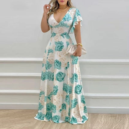 Women’s V-Neck Printed Maxi Dress High Waist Summer Commuter Style
