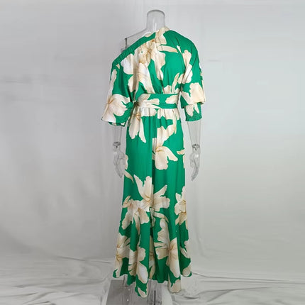 Elegant Off Shoulder Floral Dress with Elastic Waist and Short Sleeves