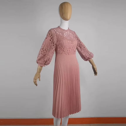 Women’s Lace Crochet Hollow Pleated Maxi Dress Elegant Summer Style