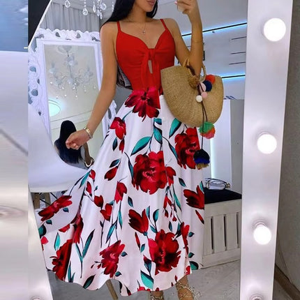 Summer Floral V Neck Sling Dress with Bow Waist Casual Elegant
