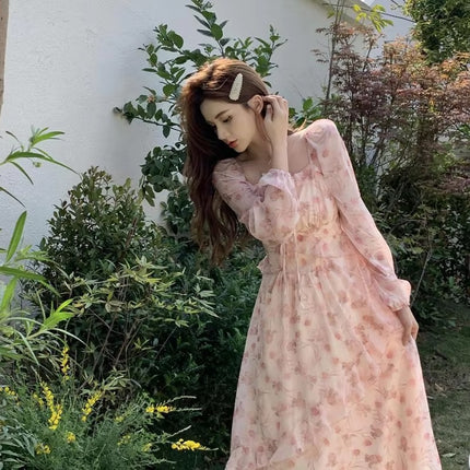 Summer Chiffon Square Neck Midi Dress Plus Size Flowy Waist Slim Fit