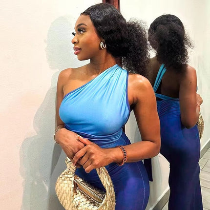 Women’s Summer One-Shoulder Gradient Dress Backless Halter Style