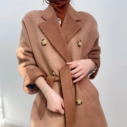 Women’s Double Breasted Wool Cashmere Long Winter Coat Korean Style